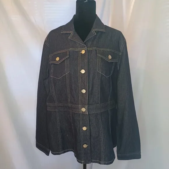 Evan Picone Dark Wash Stretch Denim Belted Jacket - Picture 1 of 8